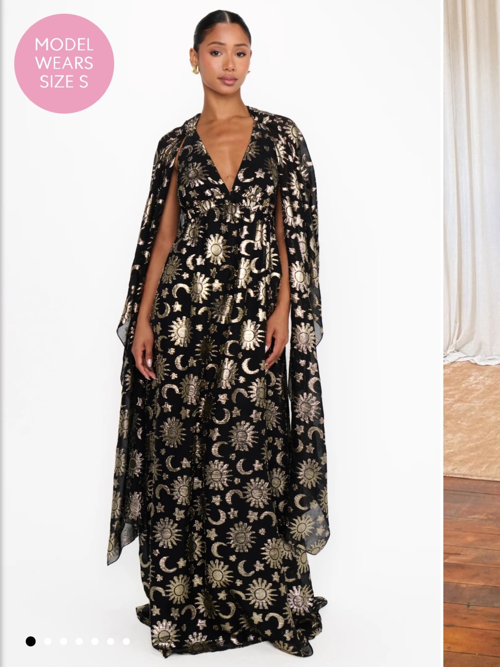 Show me your Mumu wanderlust maxi dress black and gold with cape NWT Size large